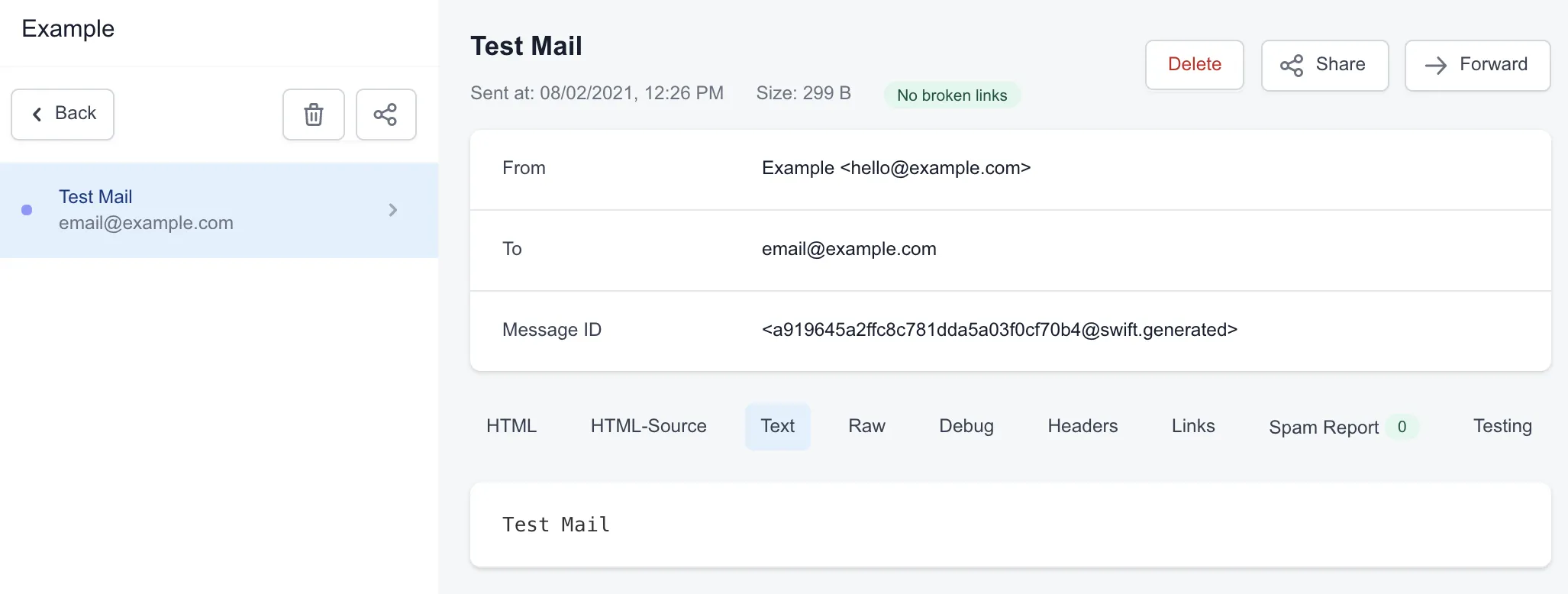 Screenshot of a successfully received test email in an email client